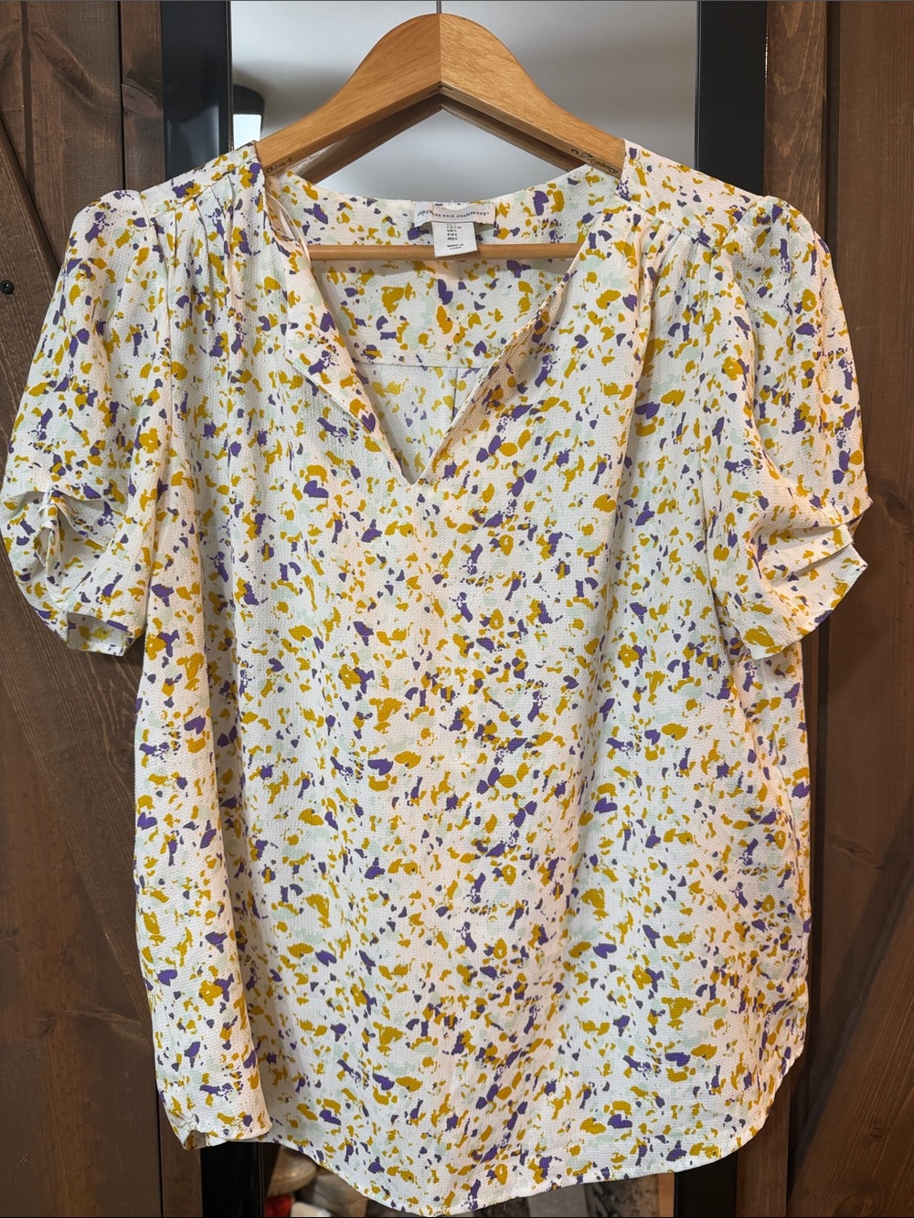 cupcakes & cashmere White V-Neck Blouse with Yellow and Purple Print